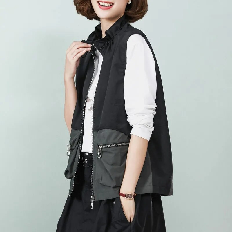 2022. Novi modni prsluk sa samostojećim ovratnikom i ovratnikom proljeće jesen Ženski kratki široki ležerni ženski prsluk bez rukava Jakna s podstavom Outerwea