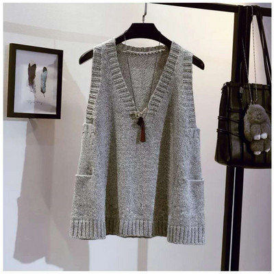 Sieviešu jakas veste A līnijas brīva džempera veste Sieviešu pulovers V veida kakla izgriezuma veste bez piedurknēm Trikotāžas mētelis Chaleco Mujer