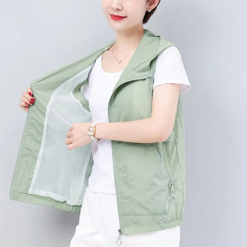 Sieviešu kapuces plāna vasaras veste, brīva vienkrāsaina 4XL lielizmēra Chalecos Mother Cardigan Liner Doudoune Sans Manche Femme