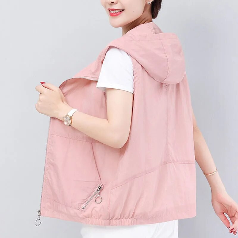 Sieviešu kapuces plāna vasaras veste, brīva vienkrāsaina 4XL lielizmēra Chalecos Mother Cardigan Liner Doudoune Sans Manche Femme