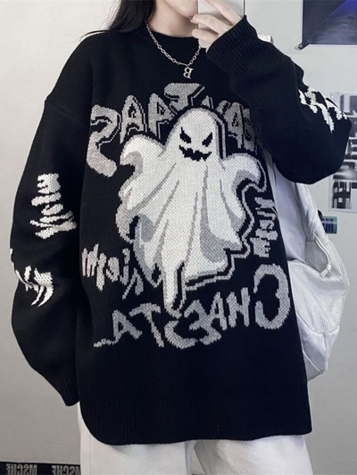 QWEEK Gothic Harajuku Ghost Print Megzti megztiniai Moteriški megztiniai Šilti stori Retro Mall Goth Tops 2022 m. rudens žiema