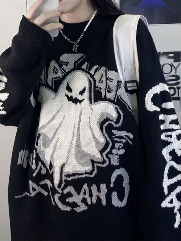 QWEEK Gothic Harajuku Ghost Print Trikotāžas džemperi Sieviešu trikotāžas Pullītes Siltas Biezas Retro Mall Goth Topi 2022. gada rudens ziema