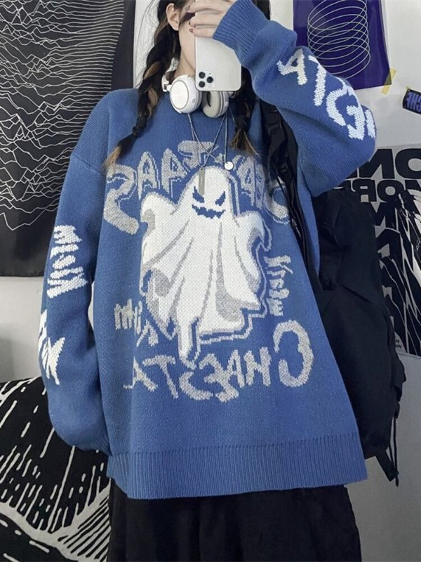 QWEEK Gothic Harajuku Ghost Print Trikotāžas džemperi Sieviešu trikotāžas Pullītes Siltas Biezas Retro Mall Goth Topi 2022. gada rudens ziema