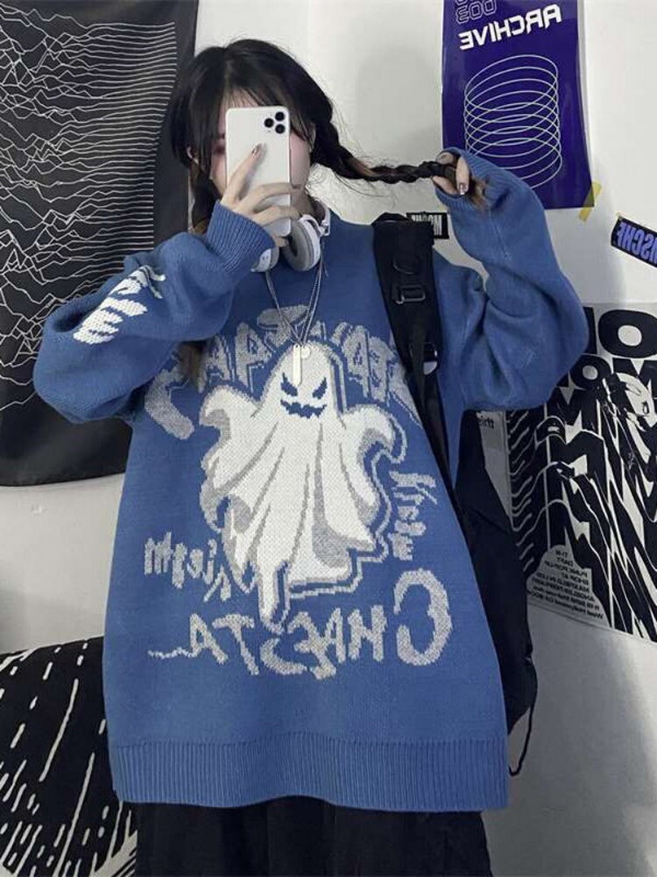 QWEEK Gothic Harajuku Ghost Print Trikotāžas džemperi Sieviešu trikotāžas Pullītes Siltas Biezas Retro Mall Goth Topi 2022. gada rudens ziema