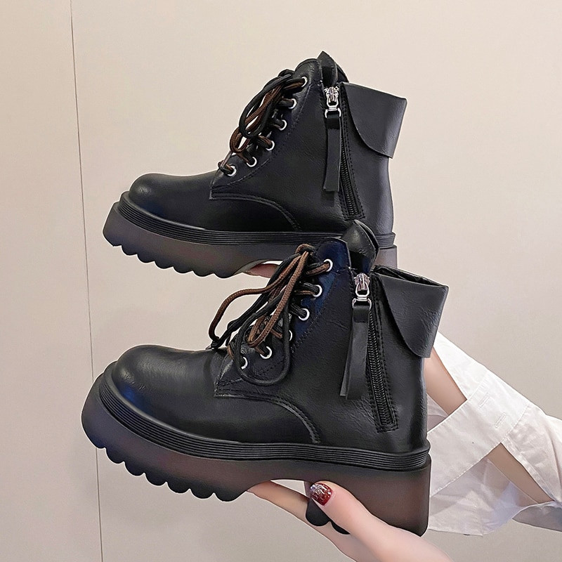 Balti sieviešu zābaki ar platformu Sieviešu ikdienas apavi  biezas zoles dāmu meiteņu sieviešu kaujas puszābaki