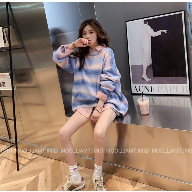 Ανοιξιάτικο φθινόπωρο Γυναικεία πουλόβερ Rainbow Πουλόβερ με γραβάτα βαφής O-Neck Long Loose ριγέ Κορεάτικα Jumpers Candy Color Γυναικεία μπλουζάκια SA153