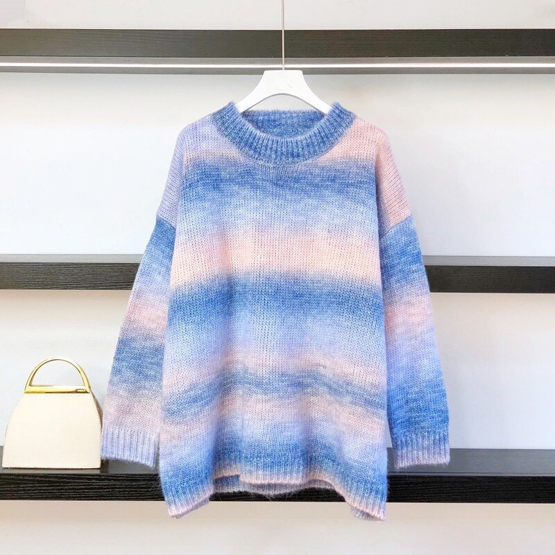 Ανοιξιάτικο φθινόπωρο Γυναικεία πουλόβερ Rainbow Πουλόβερ με γραβάτα βαφής O-Neck Long Loose ριγέ Κορεάτικα Jumpers Candy Color Γυναικεία μπλουζάκια SA153