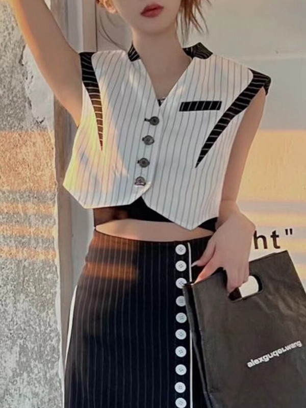 TWOTWINSTYLE Ikdienas svītraini, krāsaini bloka topi sievietēm ar V kakla izgriezumu bez piedurknēm vasaras vestes Sieviešu modes apģērbs 2022 Stils Jauns