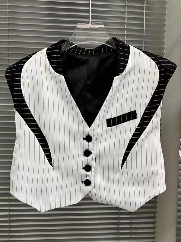 TWOTWINSTYLE Ikdienas svītraini, krāsaini bloka topi sievietēm ar V kakla izgriezumu bez piedurknēm vasaras vestes Sieviešu modes apģērbs 2022 Stils Jauns