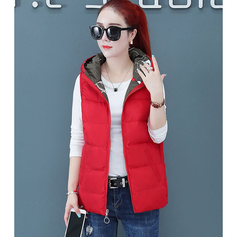 Rudens ziemas jaka Sieviešu dūnu kokvilnas veste Jauna apdruka ar divpusēju valkājamu mēteli Bieza veste ar kapuci bez piedurknēm Sieviešu topi