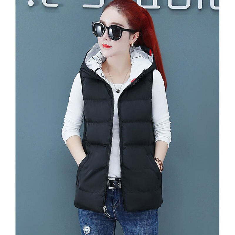 Rudens ziemas jaka Sieviešu dūnu kokvilnas veste Jauna apdruka ar divpusēju valkājamu mēteli Bieza veste ar kapuci bez piedurknēm Sieviešu topi