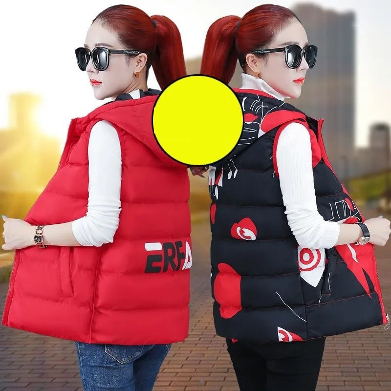 Rudens ziemas jaka Sieviešu dūnu kokvilnas veste Jauna apdruka ar divpusēju valkājamu mēteli Bieza veste ar kapuci bez piedurknēm Sieviešu topi