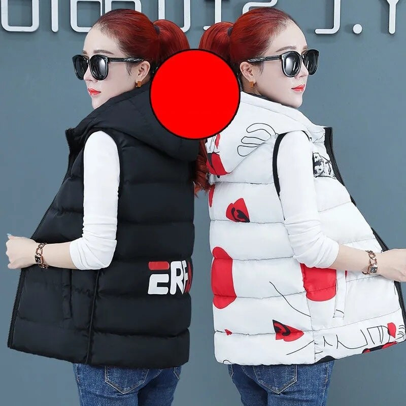 Rudens ziemas jaka Sieviešu dūnu kokvilnas veste Jauna apdruka ar divpusēju valkājamu mēteli Bieza veste ar kapuci bez piedurknēm Sieviešu topi