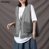 Жилетки Дамски Тънки Летни Джобове Прозрачни Готини Унисекс Двойка Ретро Нежни Базови Универсални Корейски Стил Harajuku Mujer Chic Ins