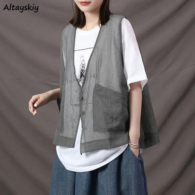 Vests Women Thin Summer Pockets Transparent Cool Unisex Couple Retro Gentle Basic All-match Korean Style Harajuku Mujer Chic Ins
