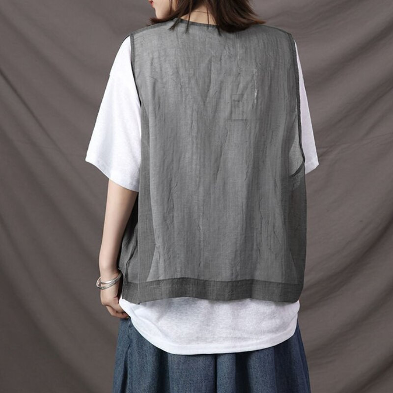 Жилетки Дамски Тънки Летни Джобове Прозрачни Готини Унисекс Двойка Ретро Нежни Базови Универсални Корейски Стил Harajuku Mujer Chic Ins