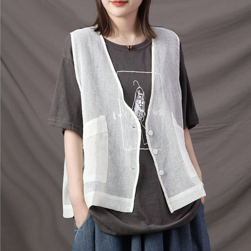 Жилетки Дамски Тънки Летни Джобове Прозрачни Готини Унисекс Двойка Ретро Нежни Базови Универсални Корейски Стил Harajuku Mujer Chic Ins