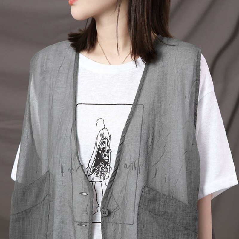 Жилетки Дамски Тънки Летни Джобове Прозрачни Готини Унисекс Двойка Ретро Нежни Базови Универсални Корейски Стил Harajuku Mujer Chic Ins