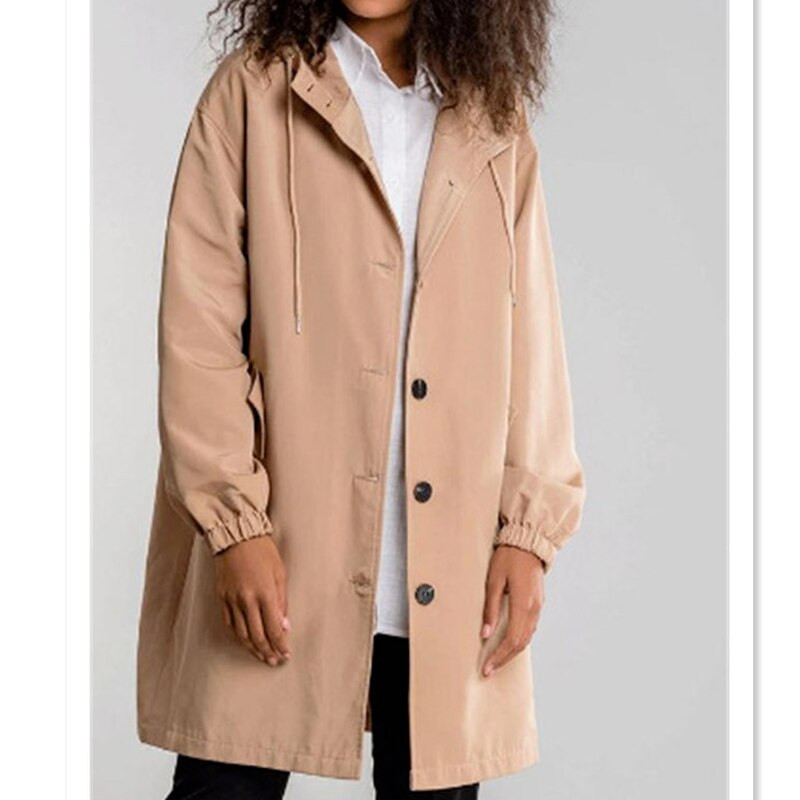 Modes sieviešu brīva poga gadījuma vējjaka jaka ar kapuci vidukļa gara vējjaka ar garām piedurknēm vēja un ūdensnecaurlaidīga jaka