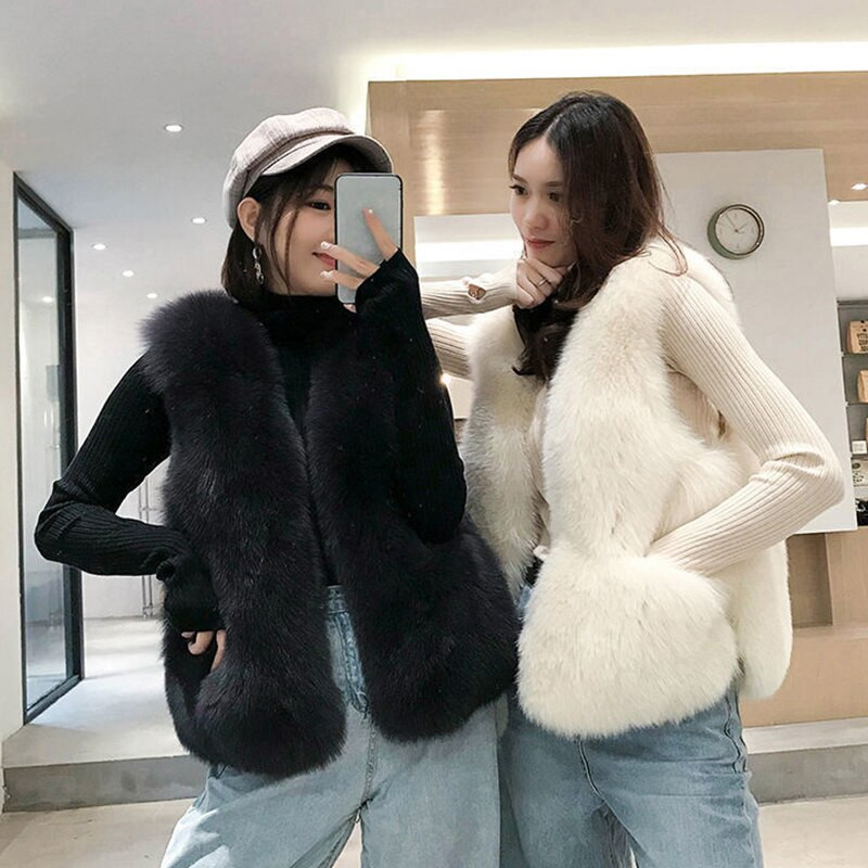 Rudens un ziemas modes mākslīgās lapsas kažokādas vestes sievietēm Jauns ballīšu klubs Eleganta kažokādas veste ar V veida piedurknēm bez piedurknēm rudens kažoki sievietēm