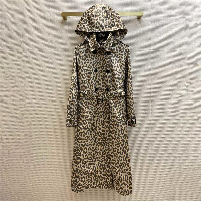 2022. gada pavasara jauna divrindu vidukļa jostas dizaina leoparda raksta vējjaka ar kapuci liela zīmola sieviešu modes vidēja garuma jaka