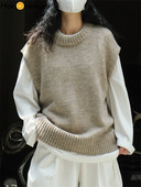 HanOrange 2022 Agrīna rudens tekstūra, vilnas O veida kakla trikotāžas veste, sieviešu brīva profila, mīksta vaskaina ādai draudzīgs džemperis bez piedurknēm