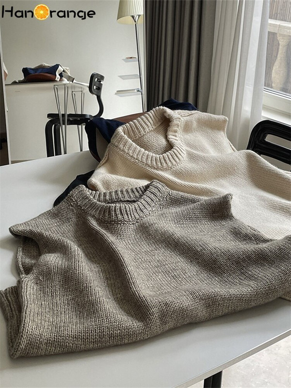 HanOrange 2022 Agrīna rudens tekstūra, vilnas O veida kakla trikotāžas veste, sieviešu brīva profila, mīksta vaskaina ādai draudzīgs džemperis bez piedurknēm