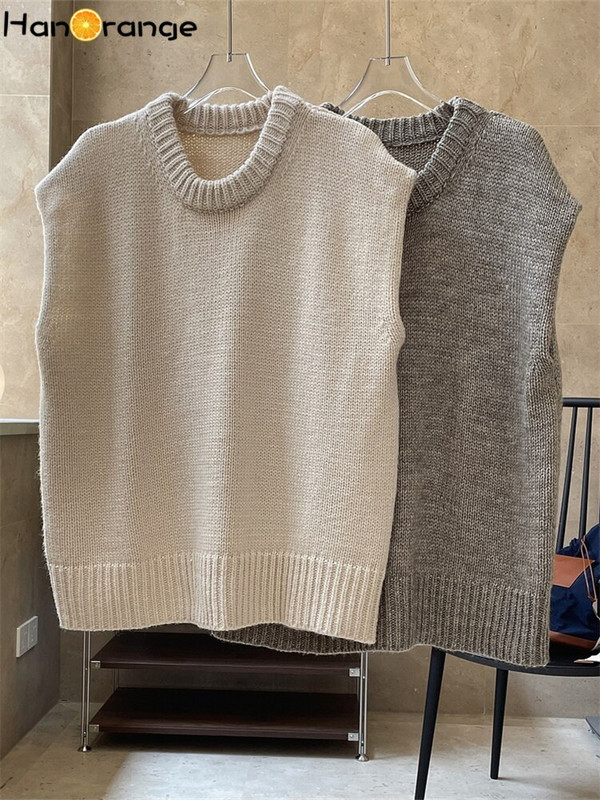 HanOrange 2022 Agrīna rudens tekstūra, vilnas O veida kakla trikotāžas veste, sieviešu brīva profila, mīksta vaskaina ādai draudzīgs džemperis bez piedurknēm