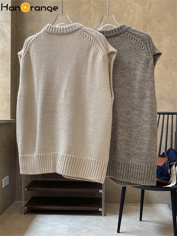 HanOrange 2022 Agrīna rudens tekstūra, vilnas O veida kakla trikotāžas veste, sieviešu brīva profila, mīksta vaskaina ādai draudzīgs džemperis bez piedurknēm