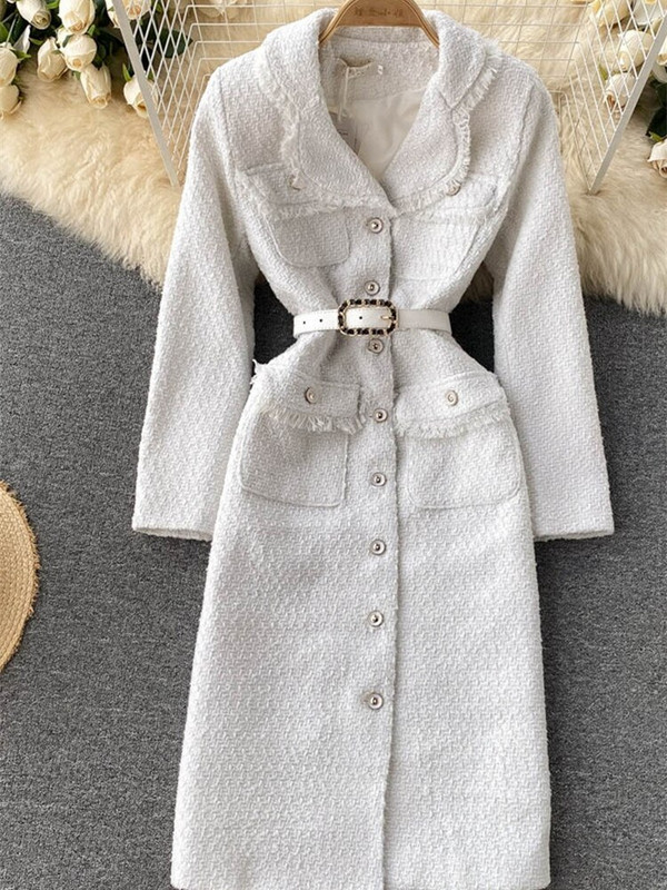 Retro mazs, smaržīgs tvīda mētelis 2021. gada rudenī un ziemā augstas kvalitātes vidukļa vidēja garuma, elegants, moderns, vienkāršs balts mētelis