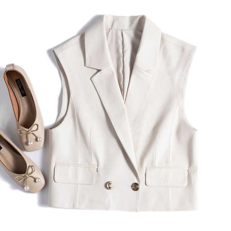 Franču modes īstas ādas veste sievietēm Sieviešu brīva jaka bez piedurknēm Mīksts, elegants īss uzvalks Zevity Casaco Feminino