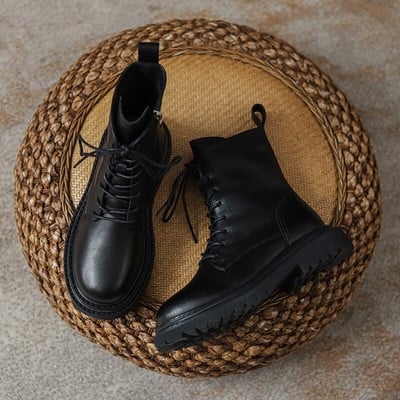 SmallHut Sieviešu ādas puszābaki rudens ziemas mežģīnes melni brūni zemi kvadrātveida papēži Eleganti rāvējslēdzējs, apaļš purngals ielas apavi