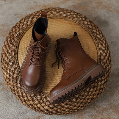 SmallHut Sieviešu ādas puszābaki rudens ziemas mežģīnes melni brūni zemi kvadrātveida papēži Eleganti rāvējslēdzējs, apaļš purngals ielas apavi