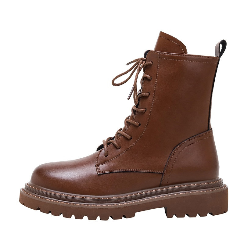 SmallHut Sieviešu ādas puszābaki rudens ziemas mežģīnes melni brūni zemi kvadrātveida papēži Eleganti rāvējslēdzējs, apaļš purngals ielas apavi