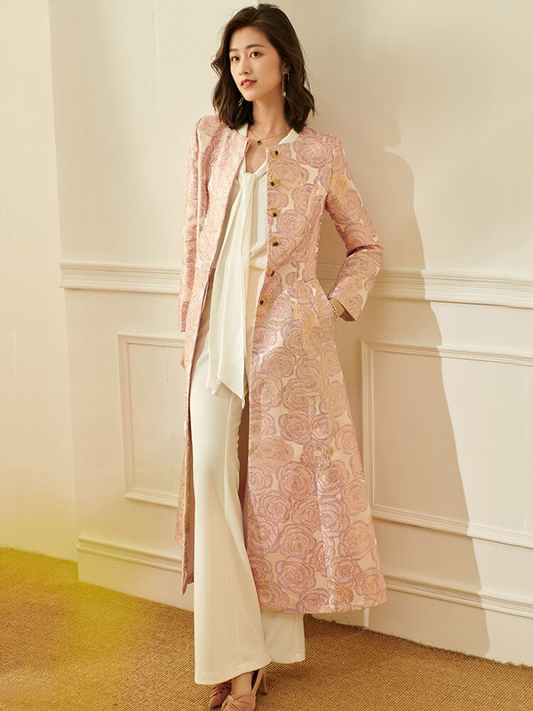 Ženska dugačka trenč jakna dobre kvalitete od brokata, prekrasna maksi jesensko-zimska jakna, cvjetna modna odjeća, odjeća za zabave