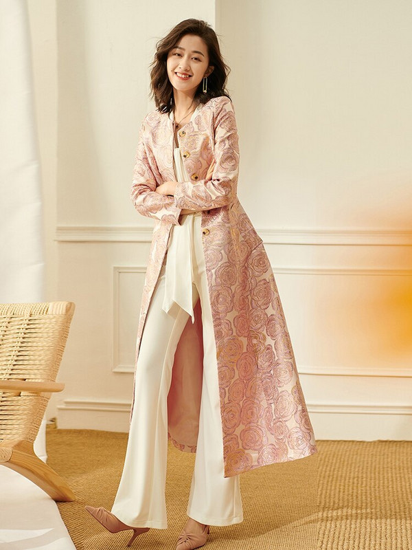 Ženska dugačka trenč jakna dobre kvalitete od brokata, prekrasna maksi jesensko-zimska jakna, cvjetna modna odjeća, odjeća za zabave