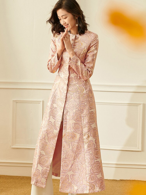 Ženska dugačka trenč jakna dobre kvalitete od brokata, prekrasna maksi jesensko-zimska jakna, cvjetna modna odjeća, odjeća za zabave