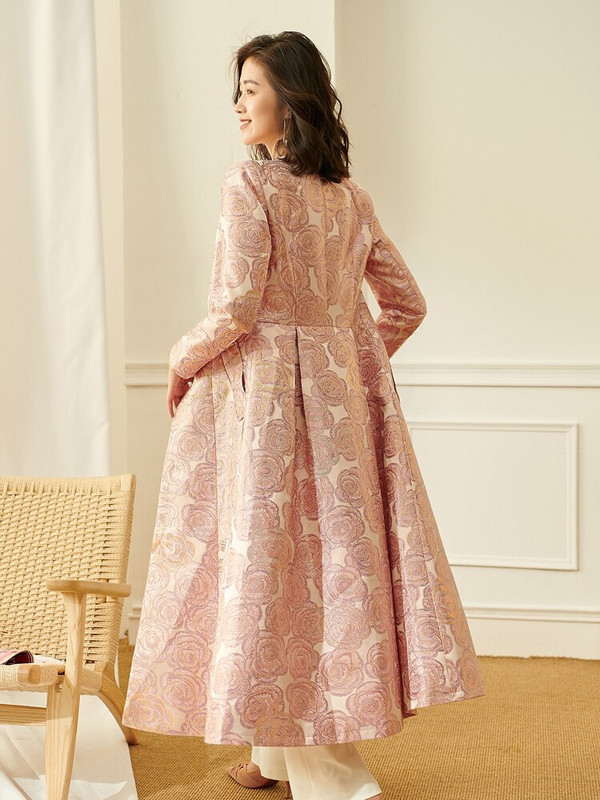 Ženska dugačka trenč jakna dobre kvalitete od brokata, prekrasna maksi jesensko-zimska jakna, cvjetna modna odjeća, odjeća za zabave