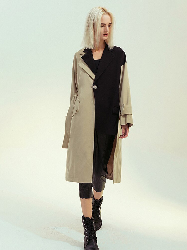 DEAT Fashion Γυναικεία καμπαρντίνα Χαλαρά μονό κουμπί με ακανόνιστη σχισμή αντίθεση χρώματος συνονθύλευμα αντιανεμικό φθινόπωρο 2022 17A933H