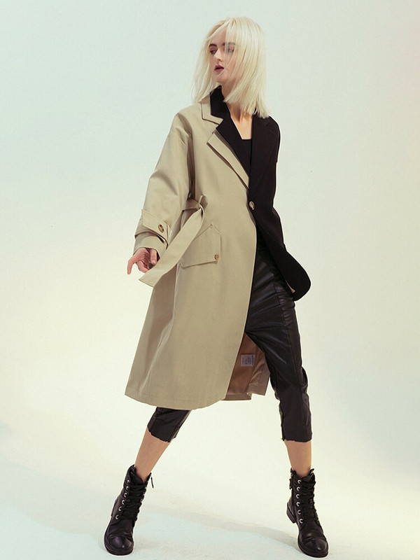 DEAT Fashion Γυναικεία καμπαρντίνα Χαλαρά μονό κουμπί με ακανόνιστη σχισμή αντίθεση χρώματος συνονθύλευμα αντιανεμικό φθινόπωρο 2022 17A933H