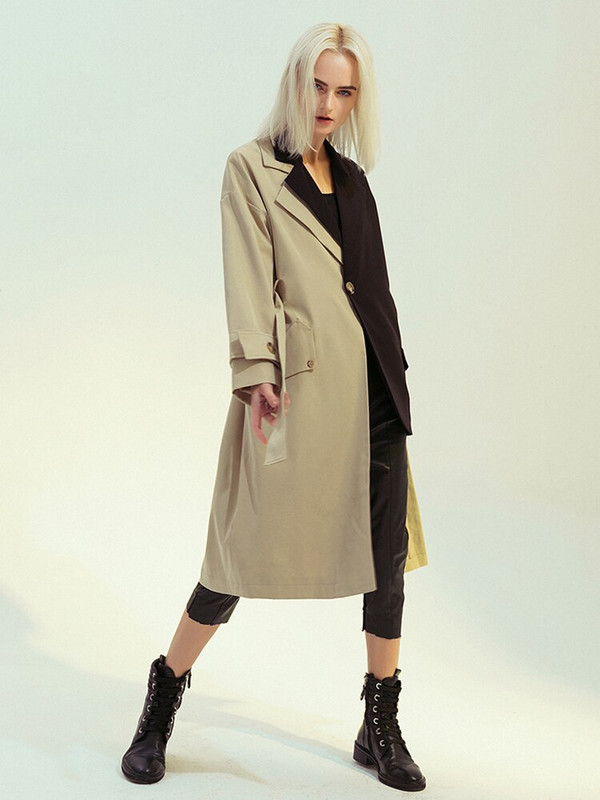 DEAT Fashion Γυναικεία καμπαρντίνα Χαλαρά μονό κουμπί με ακανόνιστη σχισμή αντίθεση χρώματος συνονθύλευμα αντιανεμικό φθινόπωρο 2022 17A933H