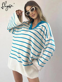 Πλεκτό ριγέ πουλόβερ Γυναικείο πουλόβερ Oversized Casual Polo γιακά Φθινοπωρινό Χειμώνα Γυναικείο πουλόβερ 2022 Μακρυμάνικο Vintage Τοπ