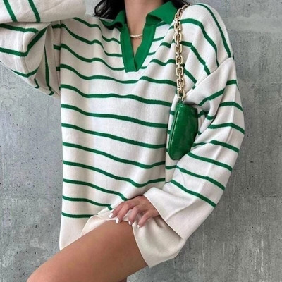 Πλεκτό ριγέ πουλόβερ Γυναικείο πουλόβερ Oversized Casual Polo γιακά Φθινοπωρινό Χειμώνα Γυναικείο πουλόβερ 2022 Μακρυμάνικο Vintage Τοπ