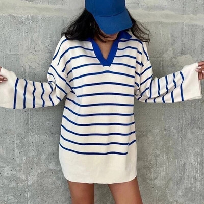 Πλεκτό ριγέ πουλόβερ Γυναικείο πουλόβερ Oversized Casual Polo γιακά Φθινοπωρινό Χειμώνα Γυναικείο πουλόβερ 2022 Μακρυμάνικο Vintage Τοπ