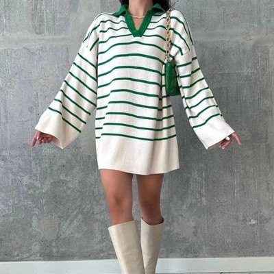 Πλεκτό ριγέ πουλόβερ Γυναικείο πουλόβερ Oversized Casual Polo γιακά Φθινοπωρινό Χειμώνα Γυναικείο πουλόβερ 2022 Μακρυμάνικο Vintage Τοπ
