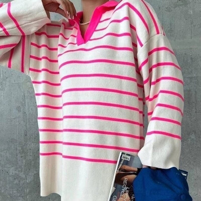 Πλεκτό ριγέ πουλόβερ Γυναικείο πουλόβερ Oversized Casual Polo γιακά Φθινοπωρινό Χειμώνα Γυναικείο πουλόβερ 2022 Μακρυμάνικο Vintage Τοπ