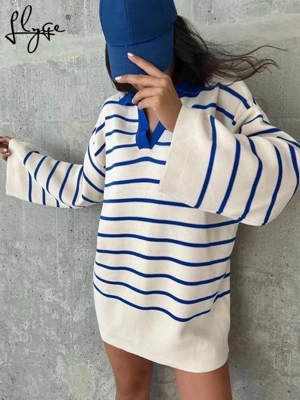 Πλεκτό ριγέ πουλόβερ Γυναικείο πουλόβερ Oversized Casual Polo γιακά Φθινοπωρινό Χειμώνα Γυναικείο πουλόβερ 2022 Μακρυμάνικο Vintage Τοπ