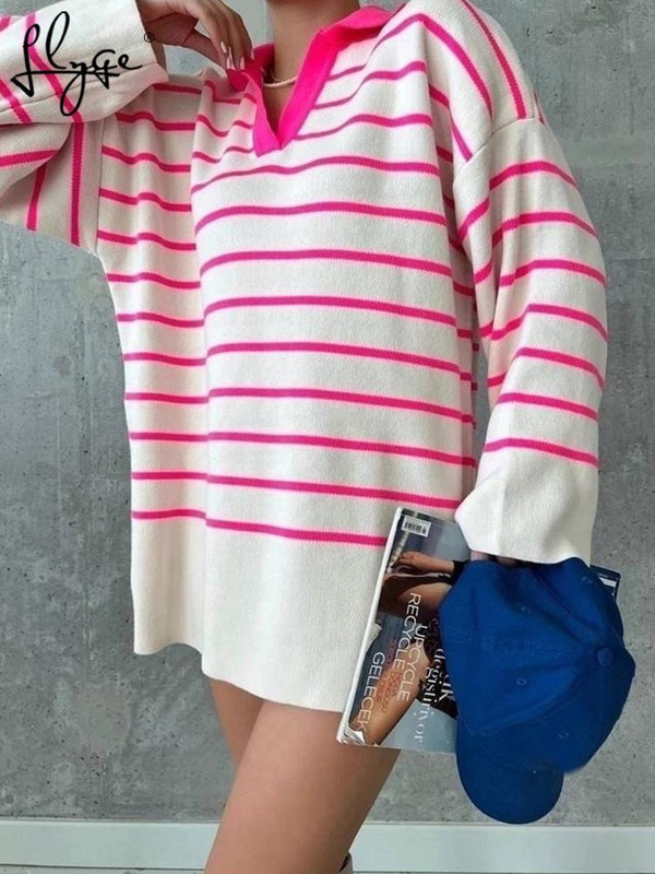 Πλεκτό ριγέ πουλόβερ Γυναικείο πουλόβερ Oversized Casual Polo γιακά Φθινοπωρινό Χειμώνα Γυναικείο πουλόβερ 2022 Μακρυμάνικο Vintage Τοπ