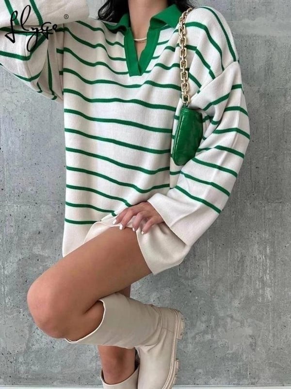 Πλεκτό ριγέ πουλόβερ Γυναικείο πουλόβερ Oversized Casual Polo γιακά Φθινοπωρινό Χειμώνα Γυναικείο πουλόβερ 2022 Μακρυμάνικο Vintage Τοπ