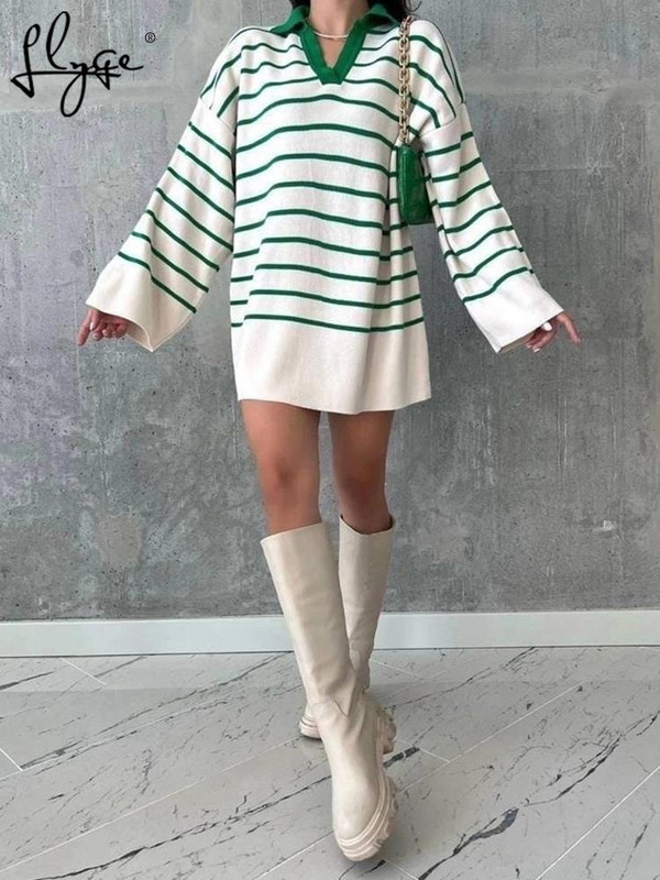 Πλεκτό ριγέ πουλόβερ Γυναικείο πουλόβερ Oversized Casual Polo γιακά Φθινοπωρινό Χειμώνα Γυναικείο πουλόβερ 2022 Μακρυμάνικο Vintage Τοπ